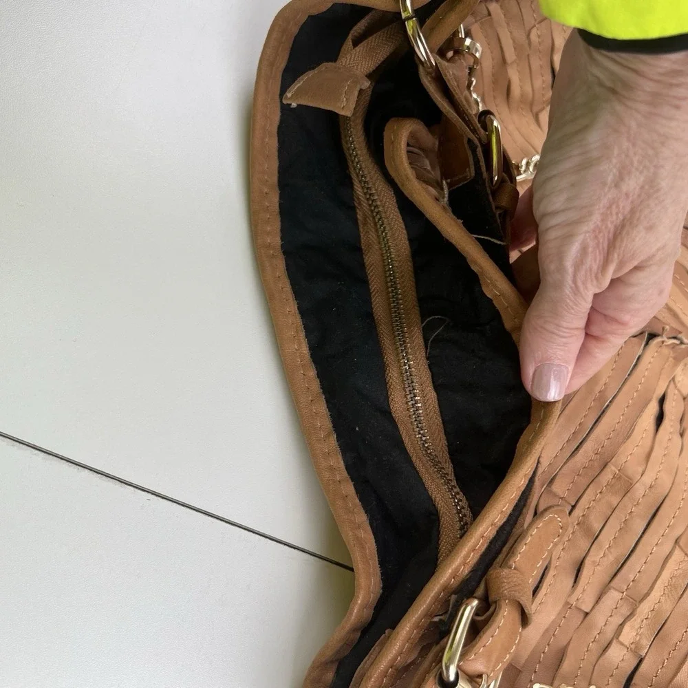 Genuine Leather Strips  Large Brown  Crossbody Bag in Chevron Pattern  ~17